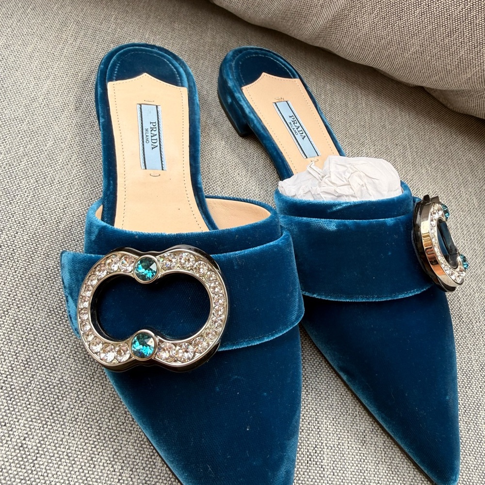 Prada Teal Velvet Crystal-Embellished Pointed Slip-On Mules